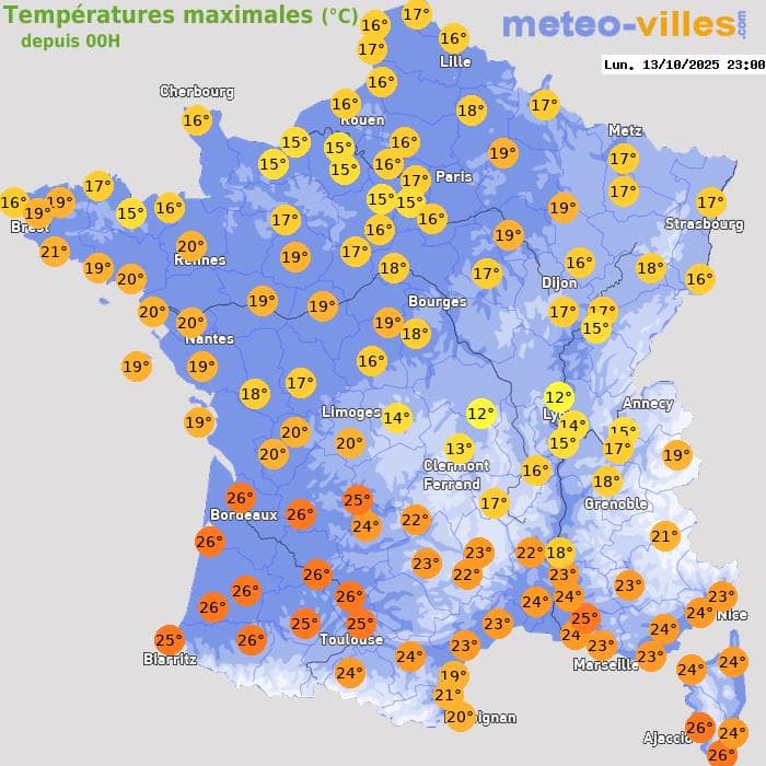 Températures maximales (°C) depuis 00h